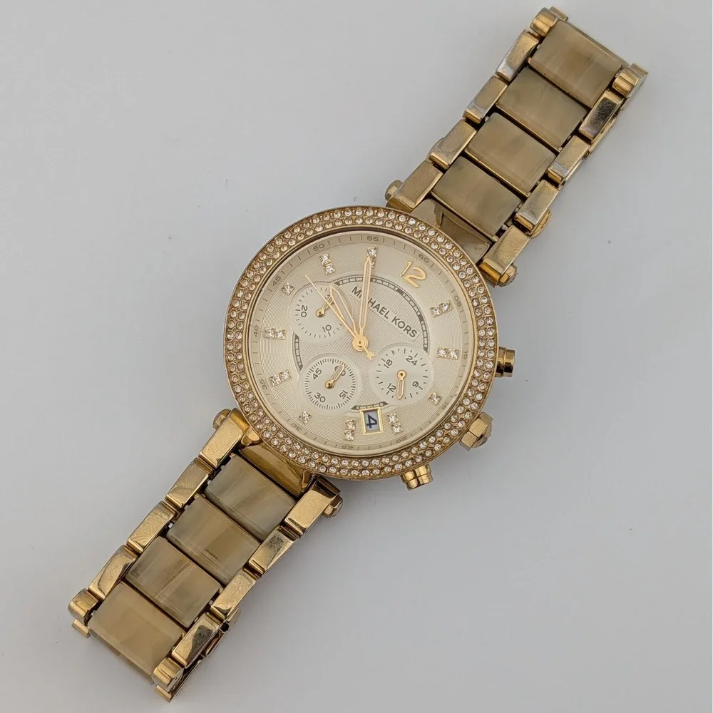 Michael Kors Parker MK5632 Gold Tone Crystal Bezel Horn Acetate Chrono Watch